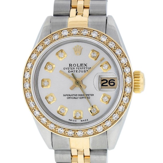 Rolex Ladies 2 Tone 14K Silver Diamond Datejust Wristwatch