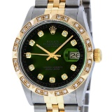 Rolex Mens 2 Tone 14K Green Vignette Pyramid Diamond 36MM Datejust Wristwatch