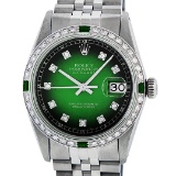 Rolex Mens Stainless Steel Green Vignette Diamond & Emerald Datejust Wristwatch