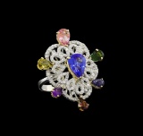 6.40 ctw Multi Gemstone and Diamond Ring - 14KT White And Yellow Gold