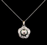 Pearl and Diamond Pendant With Chain - 14KT White Gold