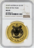 2010-P $100 Australia Year of the Tiger Gold Coin NGC MS69