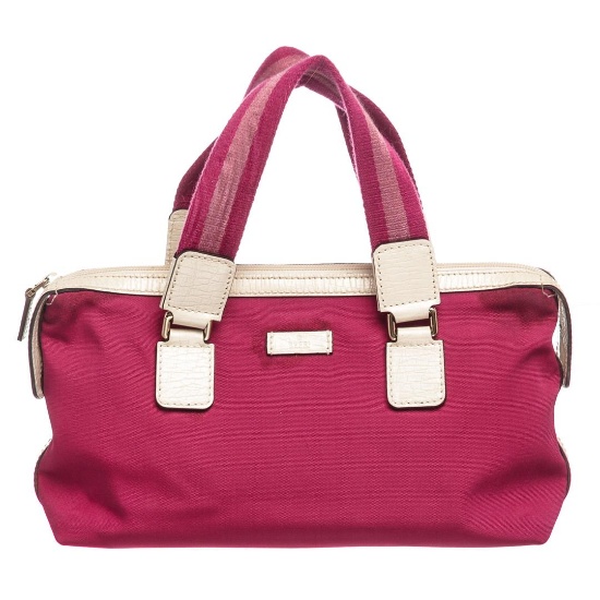 Gucci Pink White Nylon Leather Tote Bag