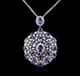 14KT White Gold 18.08 ctw Tanzanite and Diamond Pendant With Chain