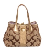 Coach Brown Monogram Canvas Gold Metallic Leather Trim Shoulder Handbag