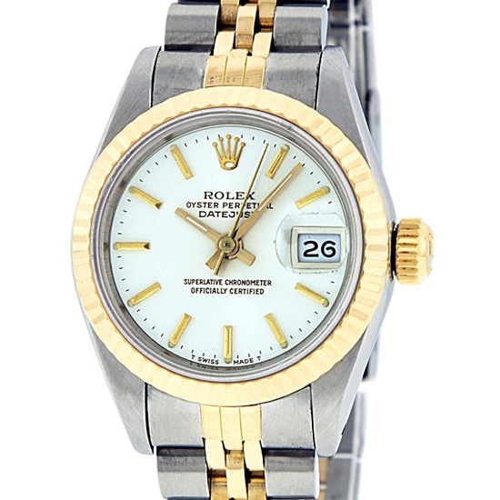 Rolex Ladies 2 Tone 14K White Index Fluted Datejust Wristwatch