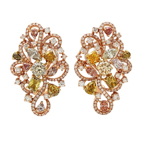 18k Three Tone Gold 5.64CTW Multicolor Dia, Pink Diamond and Diamond Earring, (S