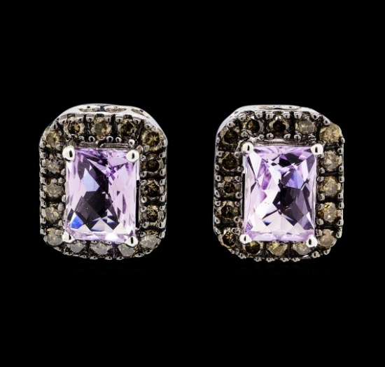 2.00 ctw Amethyst and Brown Diamond Earrings - 14KT White Gold