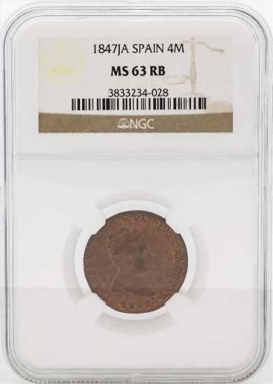1847JA Spain 4 Maravedia Coin NGC MS63 RB