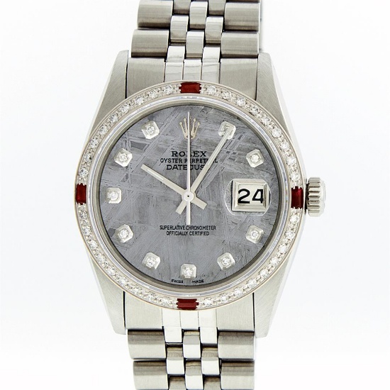 Rolex Mens Stainless Steel Meteorite Diamond And Ruby Datejust Wristwatch