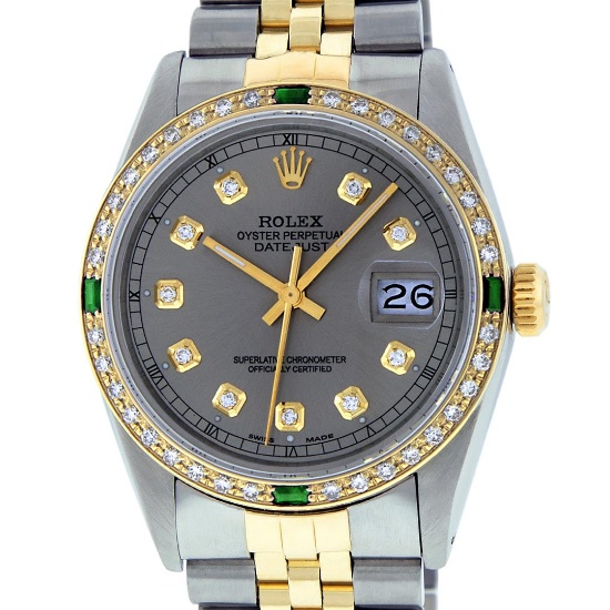Rolex Mens 2 Tone 14K Slate Grey & Emerald Diamond Datejust Wriswatch