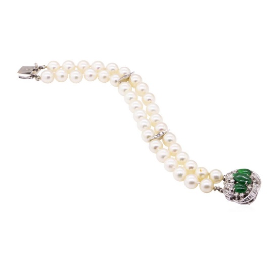 1.00 ctw Diamond, Jade, and Pearl Bracelet - 18KT White Gold