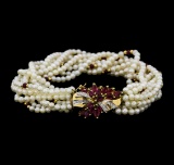 2.50 ctw Ruby, Diamond and Pearl Bracelet - 14KT Yellow Gold