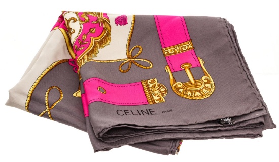 Celine Pink Gray Gold Royal Crest Silk Scarf