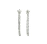 Line Chain Drop Flower Post Earrings - Rhodium Plated