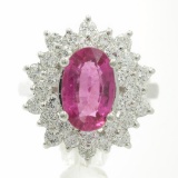 3.66 Carat Round Cut Rubellite Diamonds Oval Cut Flower Ring 14k White Gold