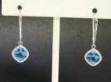 18k White Gold Cushion Cut Blue Topaz Bezel Milgrain Dangle Drop Earrings