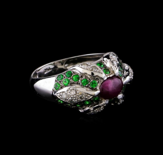 1.40 ctw Ruby, Tsavorite and Diamond Ring - 18KT White Gold