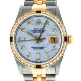 Rolex Mens 2 Tone 14K Mother Of Pearl Diamond & Ruby Datejust Wristwatch