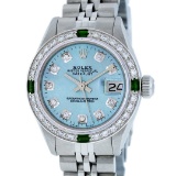 Rolex Ladies Stainless Steel Sky Blue Diamond & Emerald Datejust Wristwatch