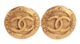 Chanel Gold CC Round Disk Hammered Large Clip On Earrings