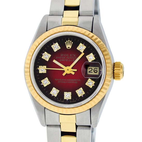 Rolex Ladies 2 Tone 14K Red Vignette Diamond 26MM Datejust Wristwatch