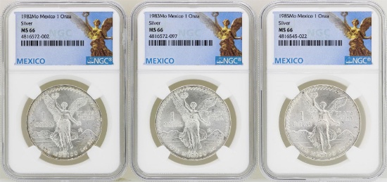 Lot of 1982Mo/1983Mo/1985Mo Mexico Libertad Onza Silver Coins NGC MS66