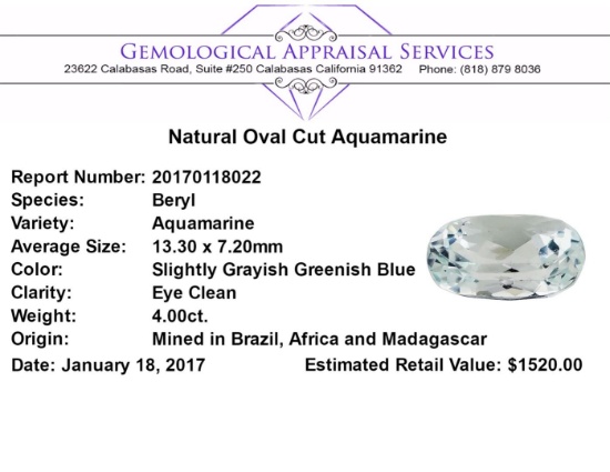 4.00 ct.Natural Oval Cut Aquamarine