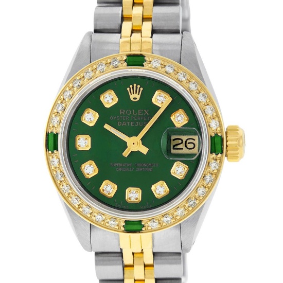 Rolex Ladies 2 Tone Green Diamond & Emerald Datejust Wristwatch