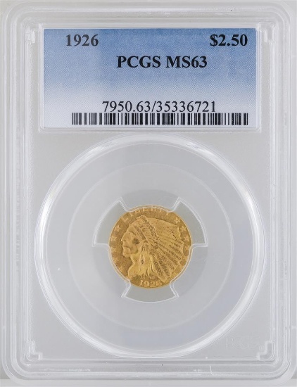 1926 $2 1/2 Indian Head Quarter Eagle Gold Coin PCGS MS63