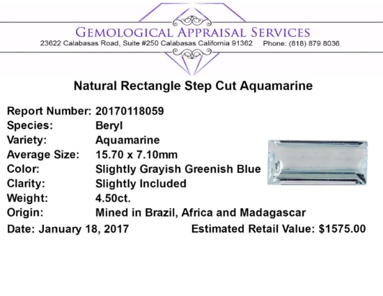 4.50 ct.Natural Rectangle Step Cut Aquamarine