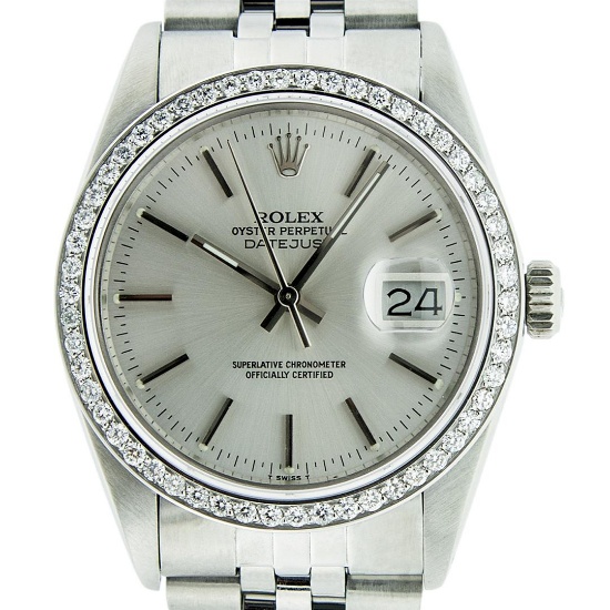 Rolex Mens Stainless Steel Silver Diamond 36MM Datejust Wristwatch