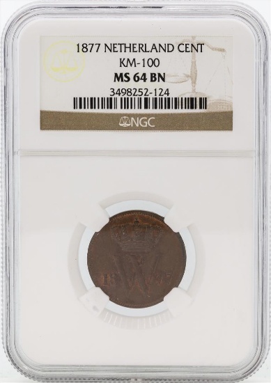 1877 Netherland Cent KM-100 NGC MS64 BN
