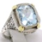 Art Deco 14k Two Tone Gold 2.50 ctw Cushion Blue Aquamarine Filigree Ring