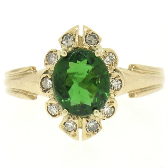 14k Yellow Gold 1.15 ctw Green Tourmaline Solitaire & Diamond Halo Ring
