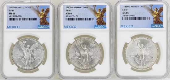 Lot of 1982Mo/1983Mo/1985Mo Mexico Libertad Onza Silver Coins NGC MS66