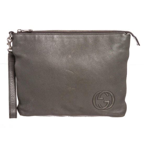 Gucci Gray Leather Soho Large Travel Pouch Wristlet