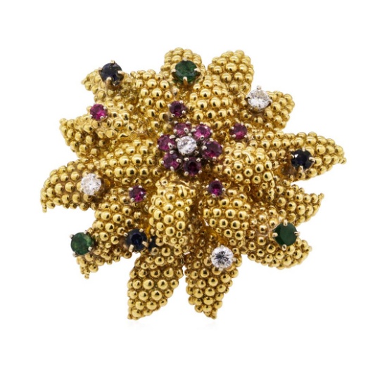 3.34 ctw Emerald, Sapphire, Ruby and Diamond Pendant-Pin - 22KT Yellow Gold