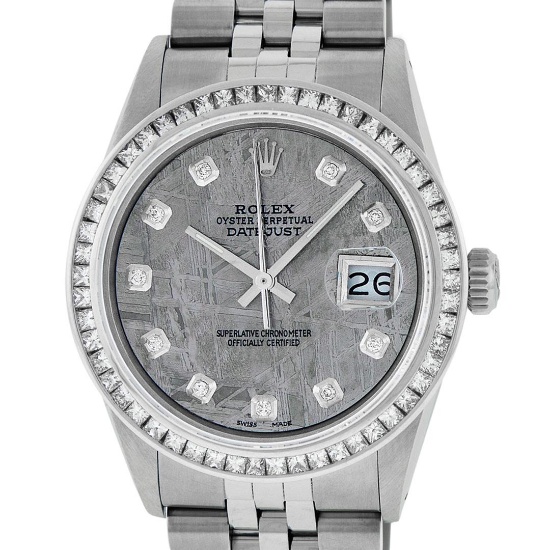 Rolex Mens SS Meteorite Diamond Princess Cut 36MM Datejust Wristwatch