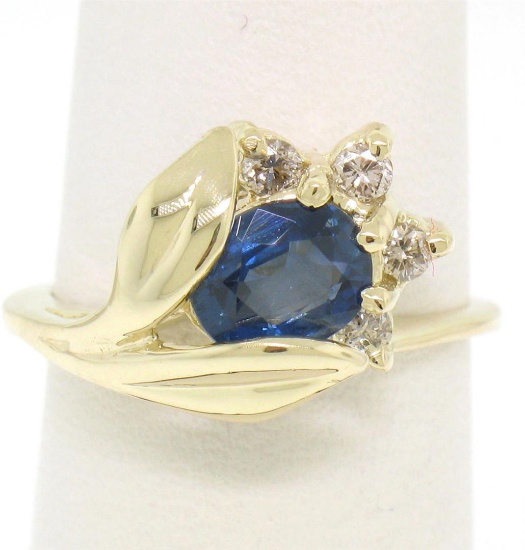 14K Solid Yellow Gold 1.14 ctw Oval Sapphire Blooming Flower Ring Diamond Accent