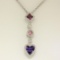 14K White Gold Heart Amethyst Tourmaline Pink Sapphire Diamond Dangle Pendant