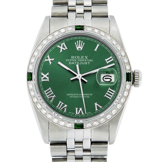 Rolex Mens Stainless Steel Green Roman Diamond & Emerald Datejust Wristwatch