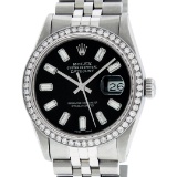 Rolex Mens Stainless Steel Black Baguette Diamond 36MM Datejust Wristwatch