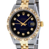 Rolex Mens 2 Tone 14K Blue Vignette Pyramid Diamond Datejust Wristwatch