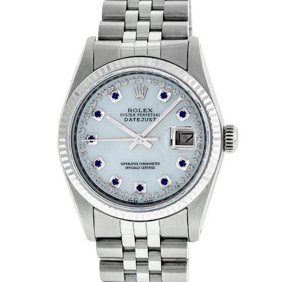 Rolex Mens Stainless Steel Mother Of Pearl Diamond & Sapphire Datejust Wristwatc