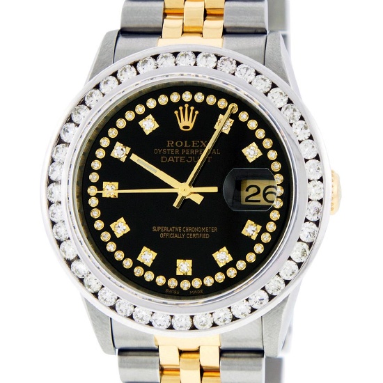 Rolex Mens 2 Tone Black String VS 3CTW Channel Set Diamond Datejust Wristwatch