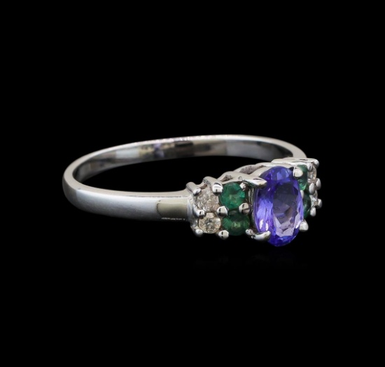 14KT White Gold 0.59 ctw Tanzanite, Emerald and Diamond Ring