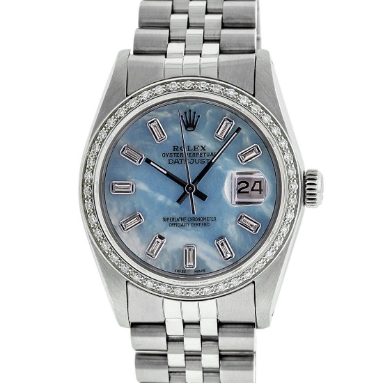 Rolex Mens Stainless Steel Blue MOP Baguette Diamond 36MM Datejust Wristwatch