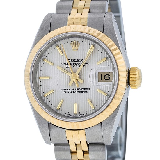 Rolex Ladies 2 Tone 14K Silver Index Tapestry Fluted Datejust Wristwatch