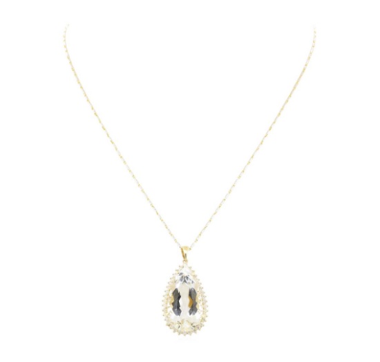 24.03 ctw Aquamarine and Diamond Pendant With Chain - 14KT Yellow Gold